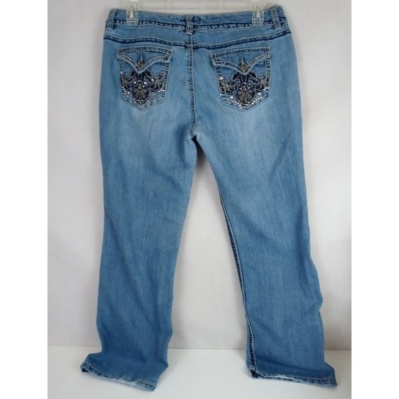 Nine West Metallic Embroidered Thick Stitched Studded Distressed Jeans 14/31 - Picture 1 of 8